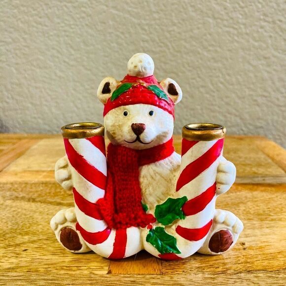 Christmas Polar Bear Candy Cane Vintage Candlestick Holder - Picture 1 of 2